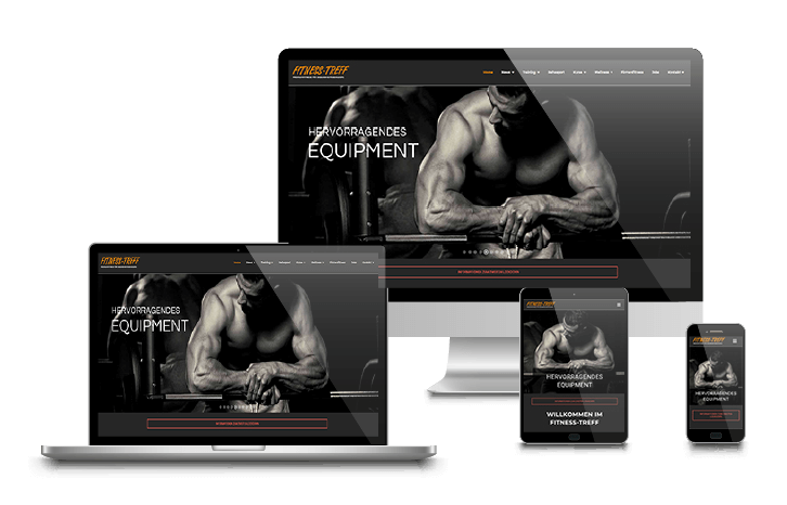 Responsive Website für Fitnessstudio Fitness-Treff mit muskulösem Sportler im Header-Bereich, dargestellt auf Desktop, Tablet und Smartphone