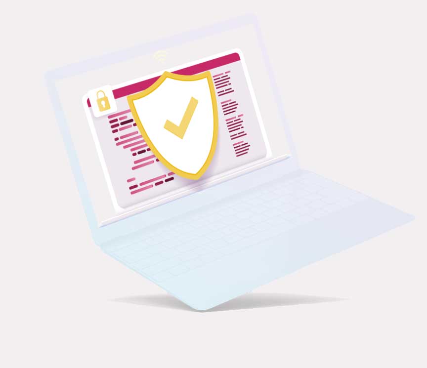 Illustration eines Laptops mit einem Schutzschild und Häkchen-Symbol, das Sicherheit und Datenschutz darstellt