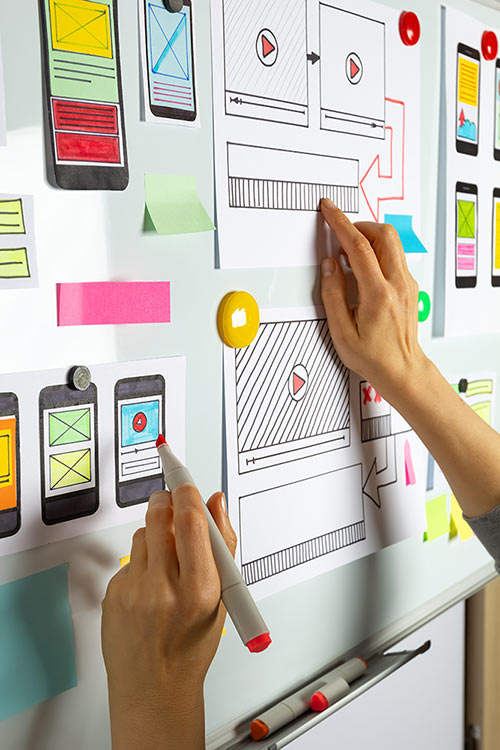 Hände arbeiten an einem Whiteboard mit Wireframes und mobilen Website-Layouts - Website-Planung und UX-Design